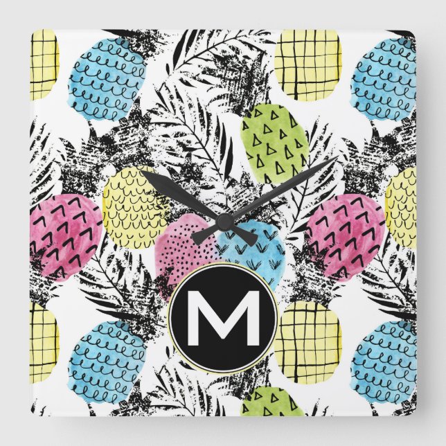 Pineapple Grunge Handflatan | Monogram Fyrkantig Klocka (Framsida)