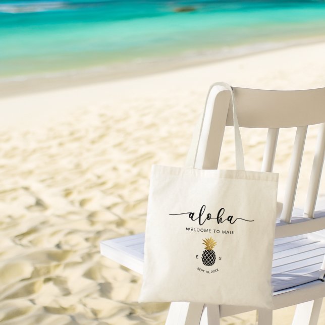 Pineapple Guld Svart Aloha Destination Bröllop Tygkasse (Pineapple Gold Black Aloha Destination Wedding Tote Bag)