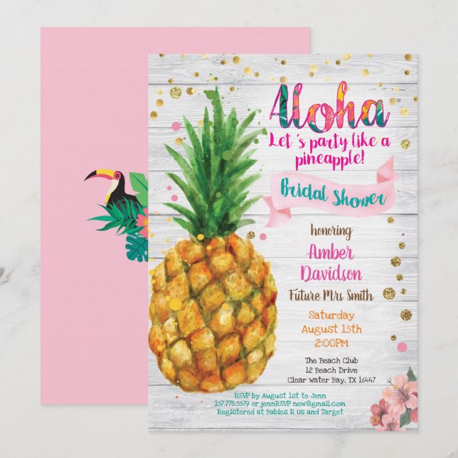 Pineapple inbjudningskort för möhippan, tropisk so (Fram/baksida)
