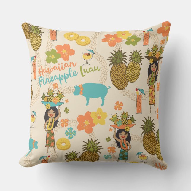 Pineapple Luau Hawaian Hula Flicka och Surfbrädor Kudde (Framsida)