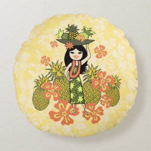 Pineapple Luau Hawaiian Hula Girl Reversible Rund Kudde