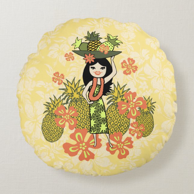 Pineapple Luau Hawaiian Hula Girl Reversible Rund Kudde (Framsidan)