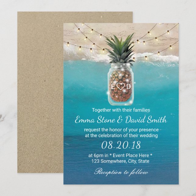Pineapple Mason Burk String Ljus Beach Wedding Inbjudningar (Fram/baksida)