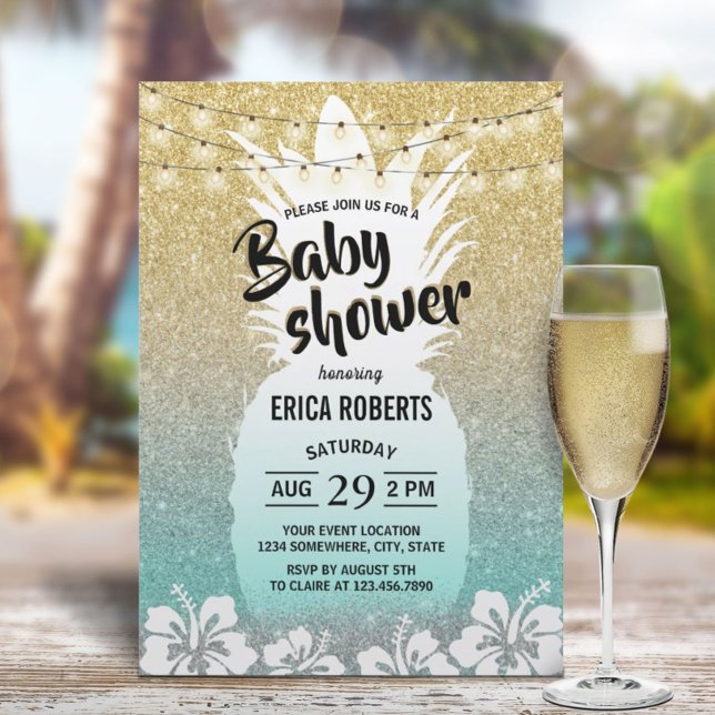 Pineapple Modern Guld Teal Tropical Baby Shower Inbjudningar (Skapare uppladdad)