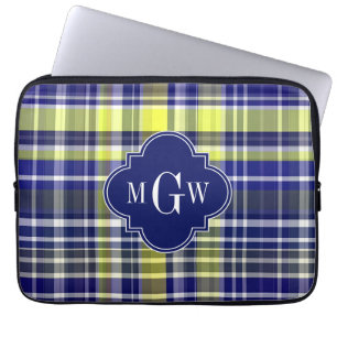 Pineapple Navy Blue White Preppy Madras Monogram Laptop Fodral