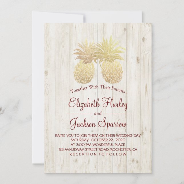 Pineapple par Rustic Wood elegant bröllop Guld Inbjudningar (Framsida)