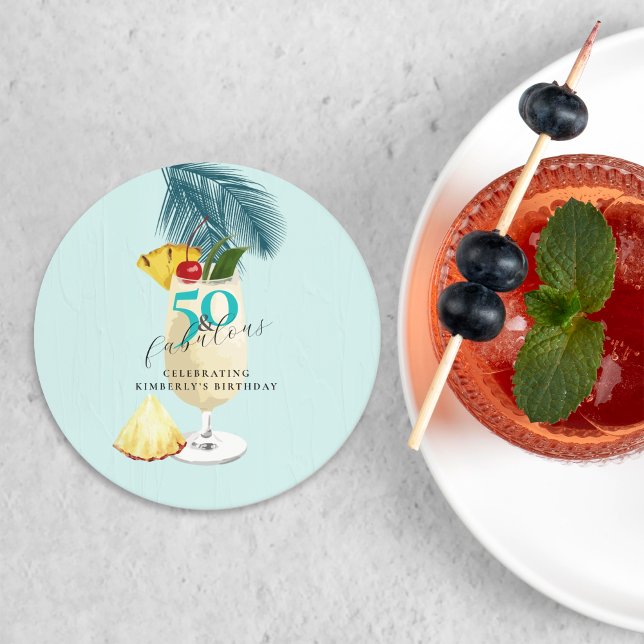 Pineapple Pina Colada Cocktail 50:e Födelsedagsfes Underlägg Papper Rund (Skapare uppladdad)