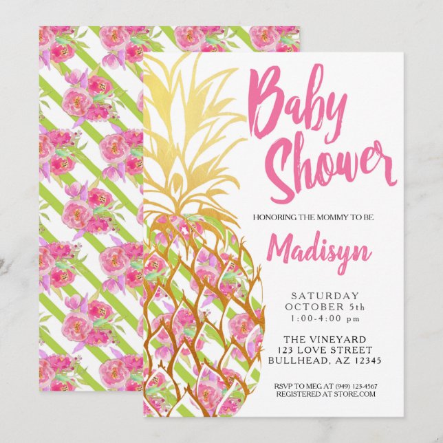 Pineapple Rosa Tropical Flowers Girl Baby Shower Inbjudningar (Fram/baksida)