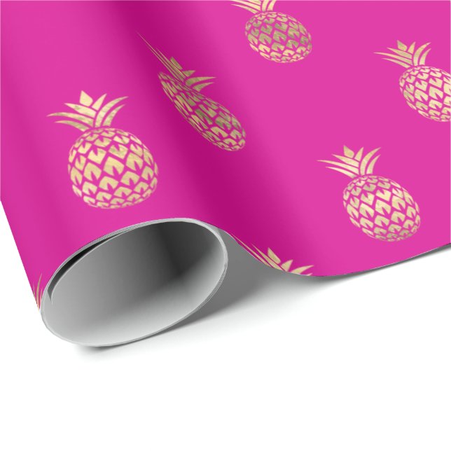 Pineapple Shock rosa, tropisk Guld  Presentpapper (Rullad Hörn)