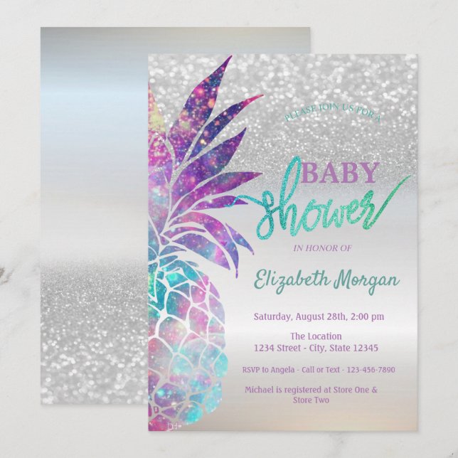 Pineapple Silver Glitter Bokeh Baby Shower Inbjudningar (Fram/baksida)