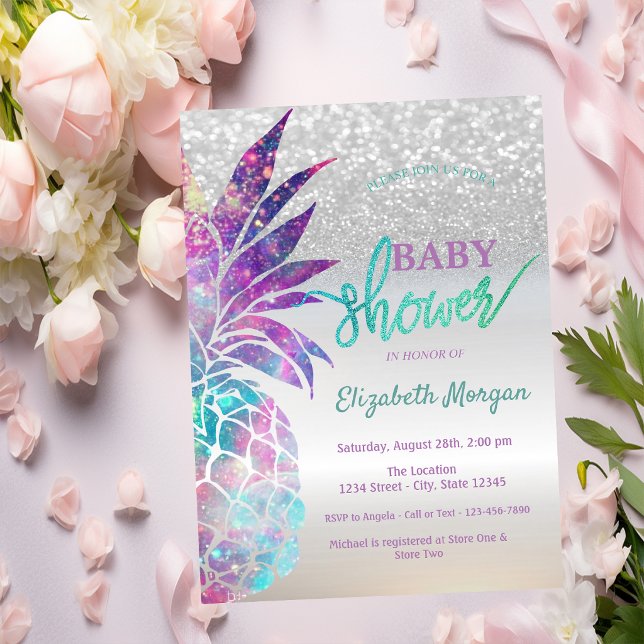 Pineapple Silver Glitter Bokeh Baby Shower Inbjudningar (Skapare uppladdad)