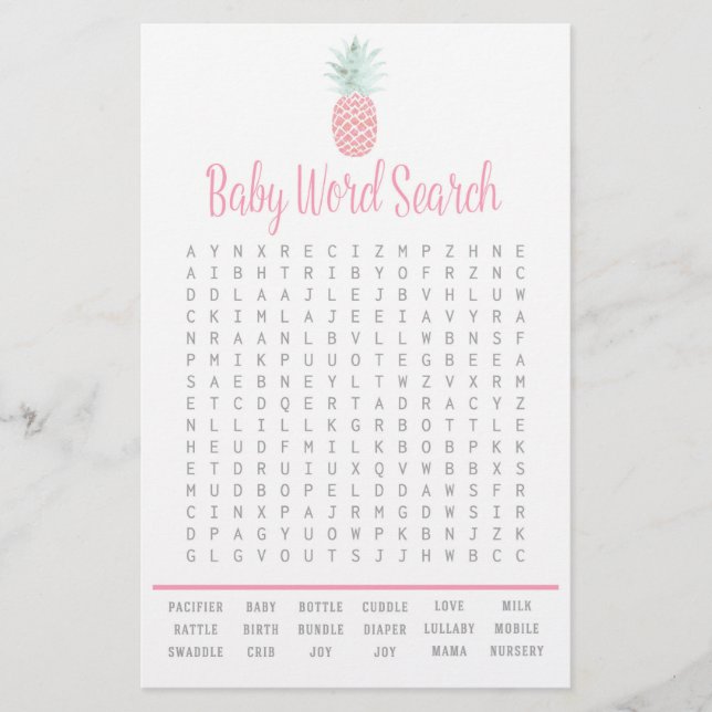 Pineapple Summer Ord Search Baby Shower Game Flygblad (Framsidan)