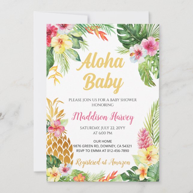 Pineapple Tropical Blommigt Aloha Baby Shower Inbjudningar (Framsida)