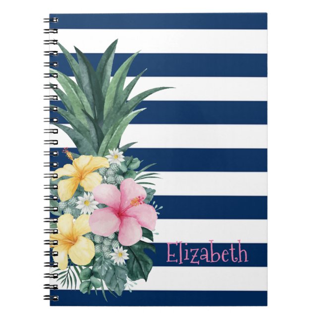 Pineapple Tropical Flowers Navy Blue Rand Anteckningsbok (Framsidan)