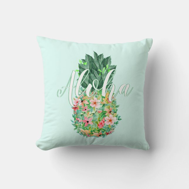 Pineapple Tropical Watercolor Flowers Aloha Kudde (Framsida)