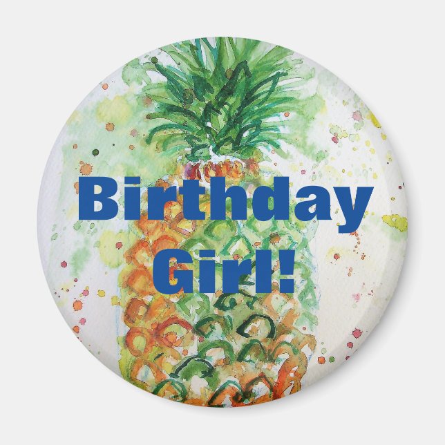 Pineapple Watercolor Art Birthday Girl Magnet (Framsidan)