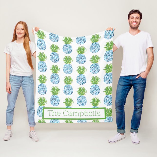 Pineapples Chinoiserie Blue White Preppy Namn Fleecefilt (På plats)