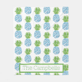 Pineapples Chinoiserie Blue White Preppy Namn Fleecefilt
