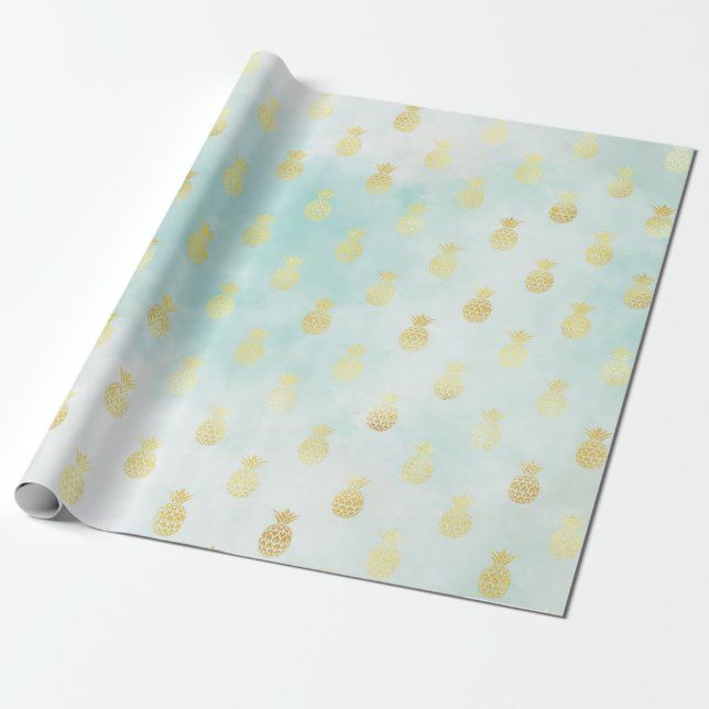 Pineapples från Aqua White Guld Tropical Glam Pine Presentpapper (Utrullad)