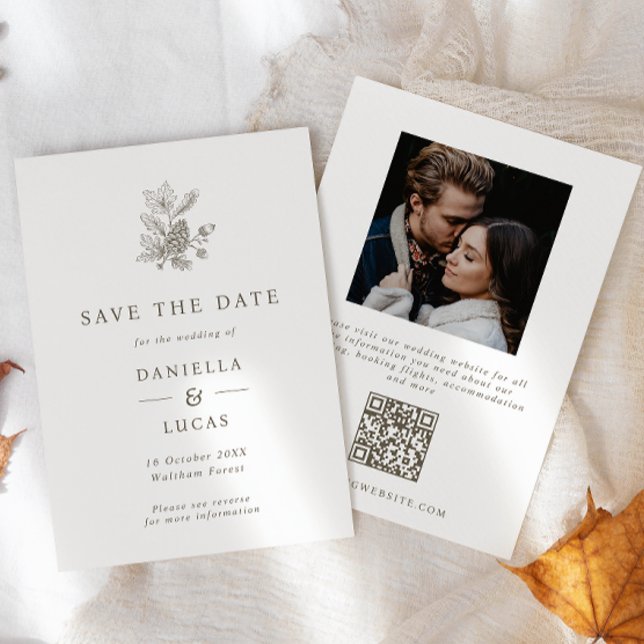 Pinecone & Acorns Fall Wedding Photo QR-kod Spara Datumet (Skapare uppladdad)