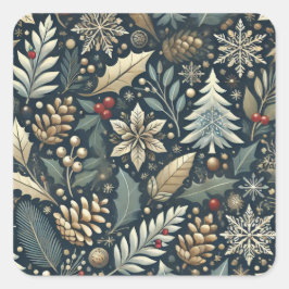 Pinecone, Holly, Snöflingor & Berries Helgdag Fyrkantigt Klistermärke