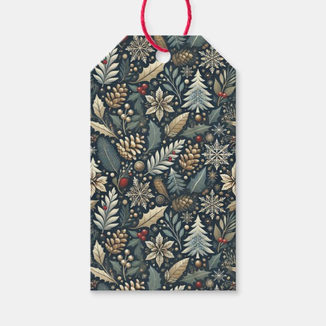 Pinecone, Holly, Snöflingor & Berries Helgdag Presentetikett (Framsidan)