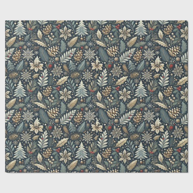 Pinecone, Holly, Snöflingor & Berries Helgdag Presentpapper (Seam)