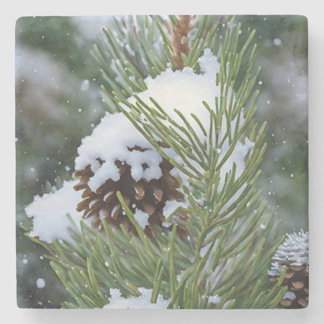 Pinecone i Snö vid Gräs Träd-Helgdag Stenunderlägg (Framsidan)