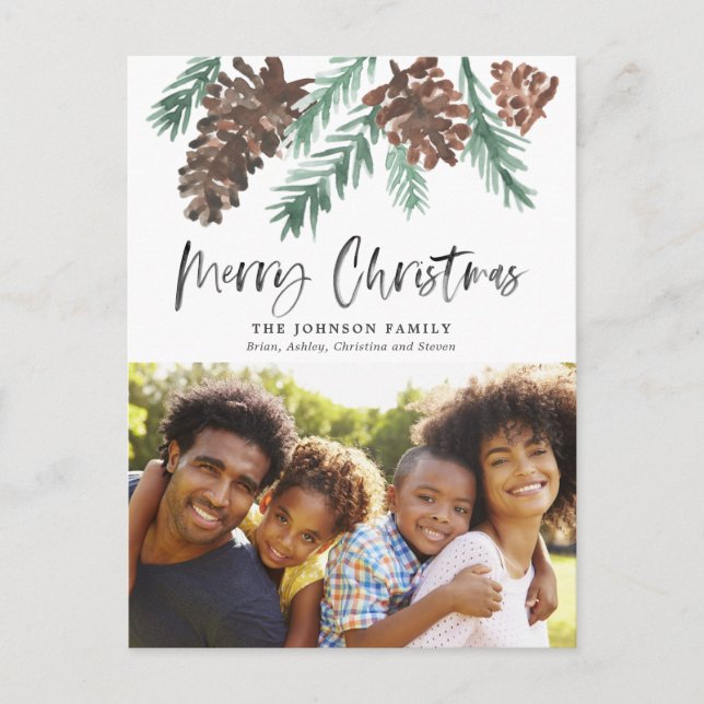 Pinecone jul Watercolor Helgdag Photo Vykort (Framsida)