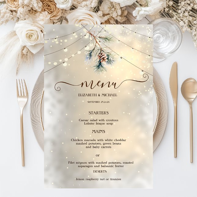 Pinecone String Lights Winter  Wedding Menu Card (Skapare uppladdad)