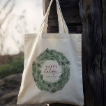 Pinecone Tree Wreath Happy Holidays  Tygkasse<br><div class="desc">Pine Tree Wreath Winter Holiday Tote Bag with Custom Text. For more advanced customization of this design,  please click the BLUE DESIGN TOOL BUTTON. Matching items are also available.</div>