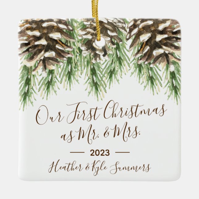 Pinecone Vår första jul som Mr. Och Mrs. Julgransprydnad Keramik (Framsida)