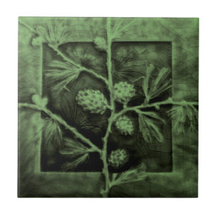 Pinecones Grenar Grönt Faux Relief Antique Repro Kakelplatta