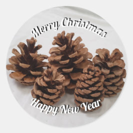 Pinecones Photo God jul Gott nytt år Runt Klistermärke