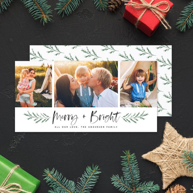 Pineneedle Merry och Bright Modern 3 Photo Collage Julkort (Skapare uppladdad)