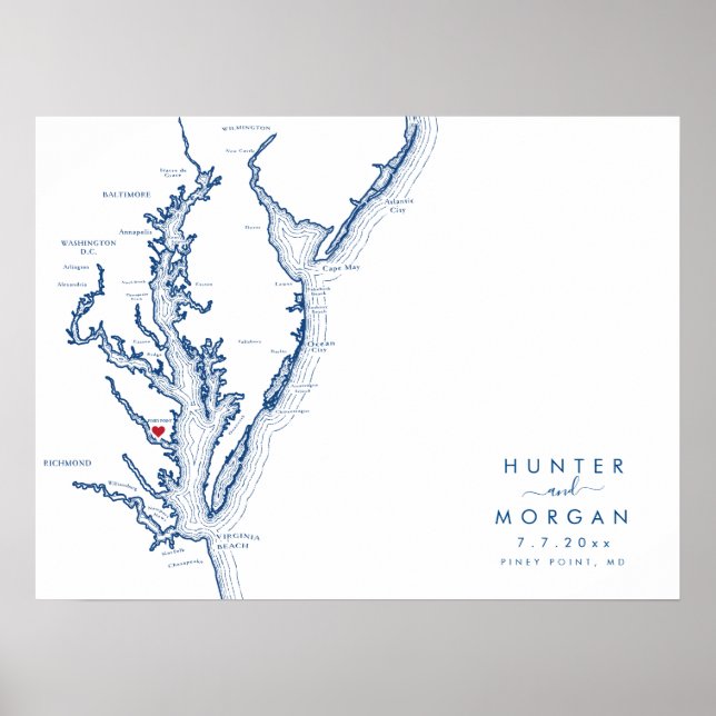 Piney Point MD Wedding Modern Map Guestbook Poster (Framsidan)