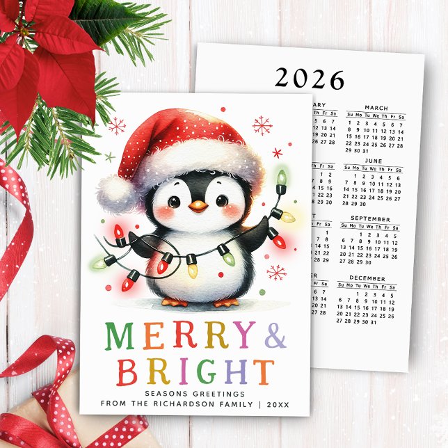 Pingguin 2026 Kalenderheder och ljus jul Julkort (Merry and Bright Greeting Card with a Cute Penguin Holding Christmas Lights)