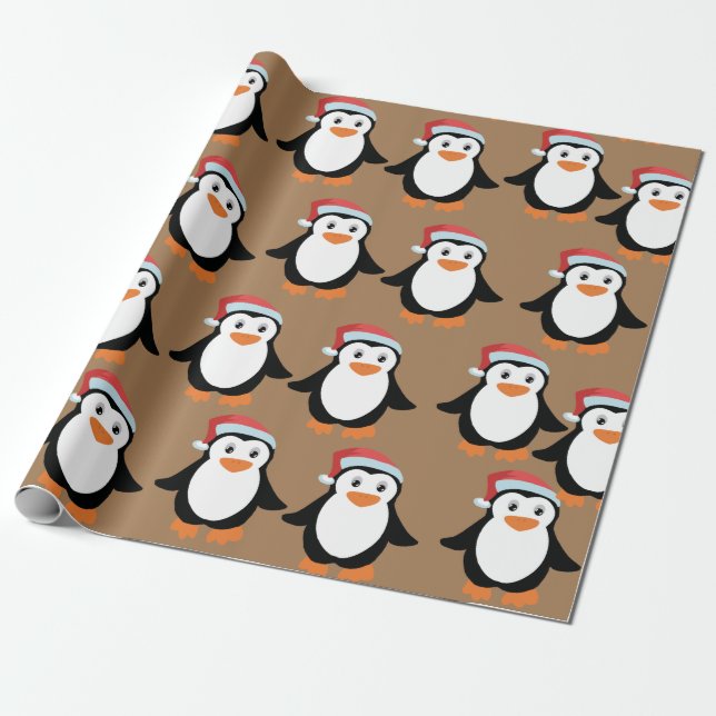 Pingguin party-julmas med hatt röd Helgdag-gåva  Presentpapper (Utrullad)