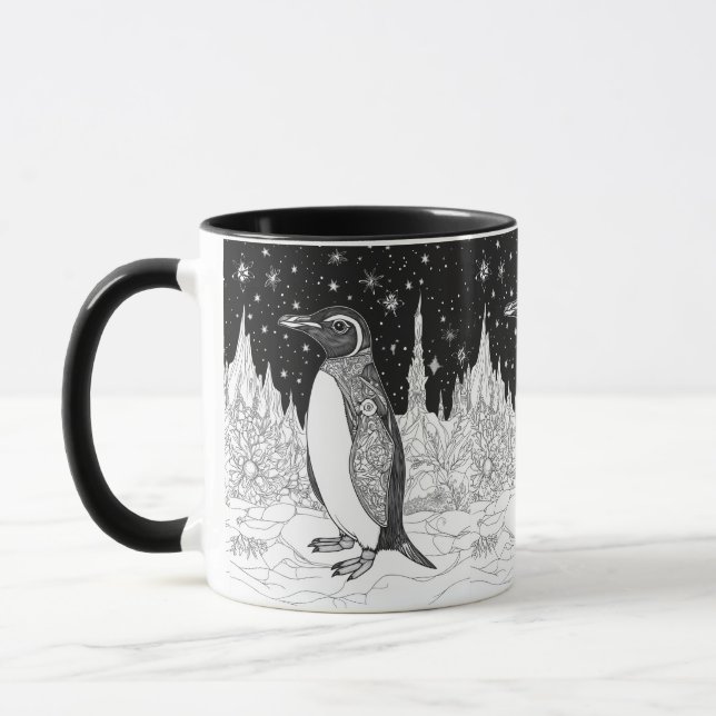 Pinguin im Eis unter nächtlichem Sternenhimmel Mugg (Vänster)