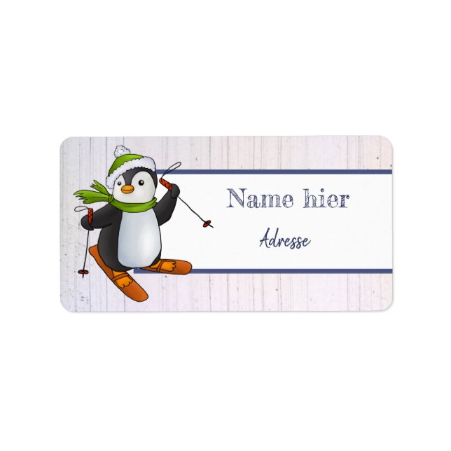 Pinguin mit Ski Adressetikett (Framsidan)