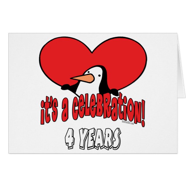 Pingvin 4 år firande hälsningskort (Framsidan Horizontal)