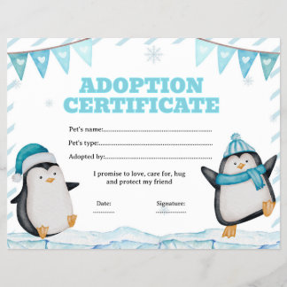 Pingvin adoptera ett husdjur certifikat redigerbar reklamblad