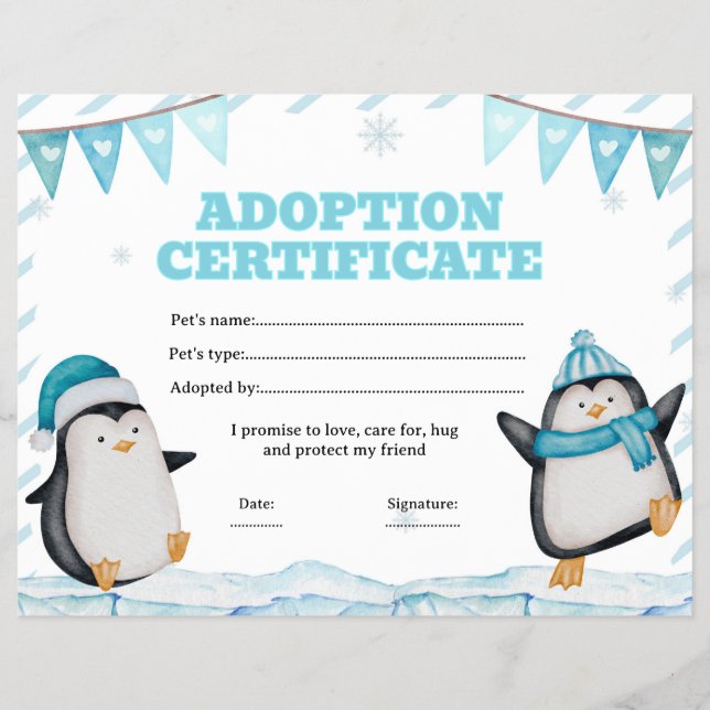 Pingvin adoptera ett husdjur certifikat redigerbar reklamblad (Framsidan)