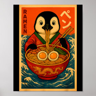 Pingvin äter Ramen japanska nudlar Roligt Poster