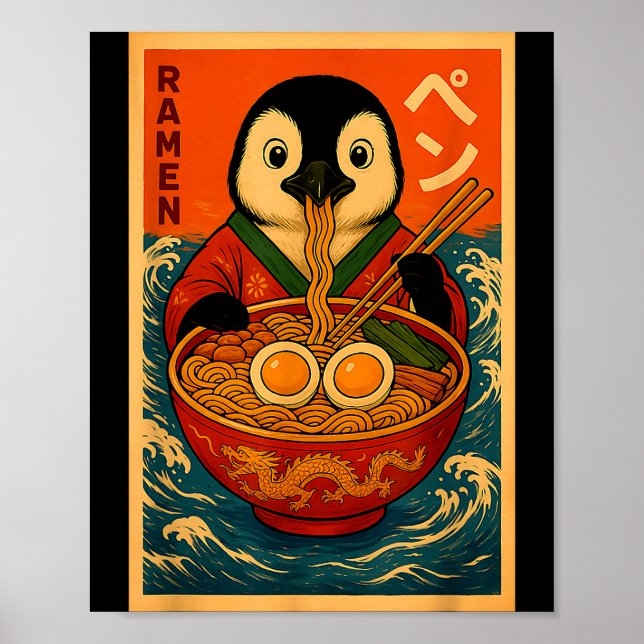 Pingvin äter Ramen japanska nudlar Roligt  Poster (Framsidan)