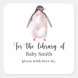 Pingvin - Baby Shower Bibliotek Fyrkantigt Klistermärke