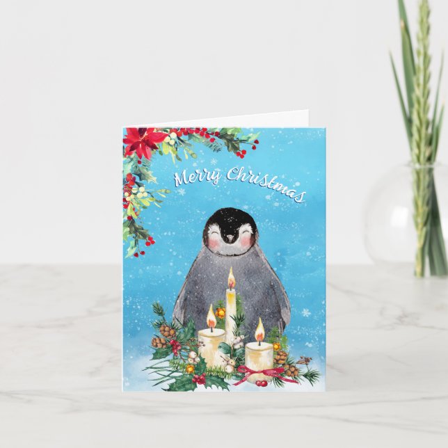 Pingvin Blommig Akvarell God Jul Helgkort (Framsida)