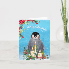 Pingvin Blommig Akvarell God Jul Helgkort