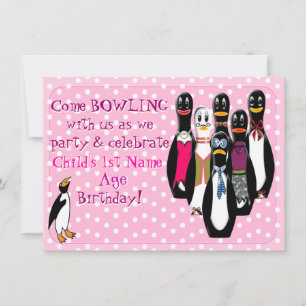 Pingvin Bowling Födelsedagsfest Rosa (Personlig) Inbjudningar
