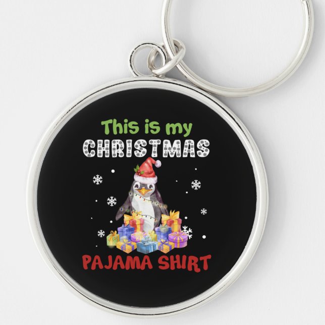 Pingvin Det här är min julpyjamas-tröja Rund Silverfärgad Nyckelring (Framsidan)